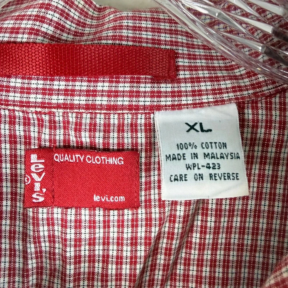 Levis Button Down Shirt Mens XL Red White Micro Check Short Sleeve Camp Collar